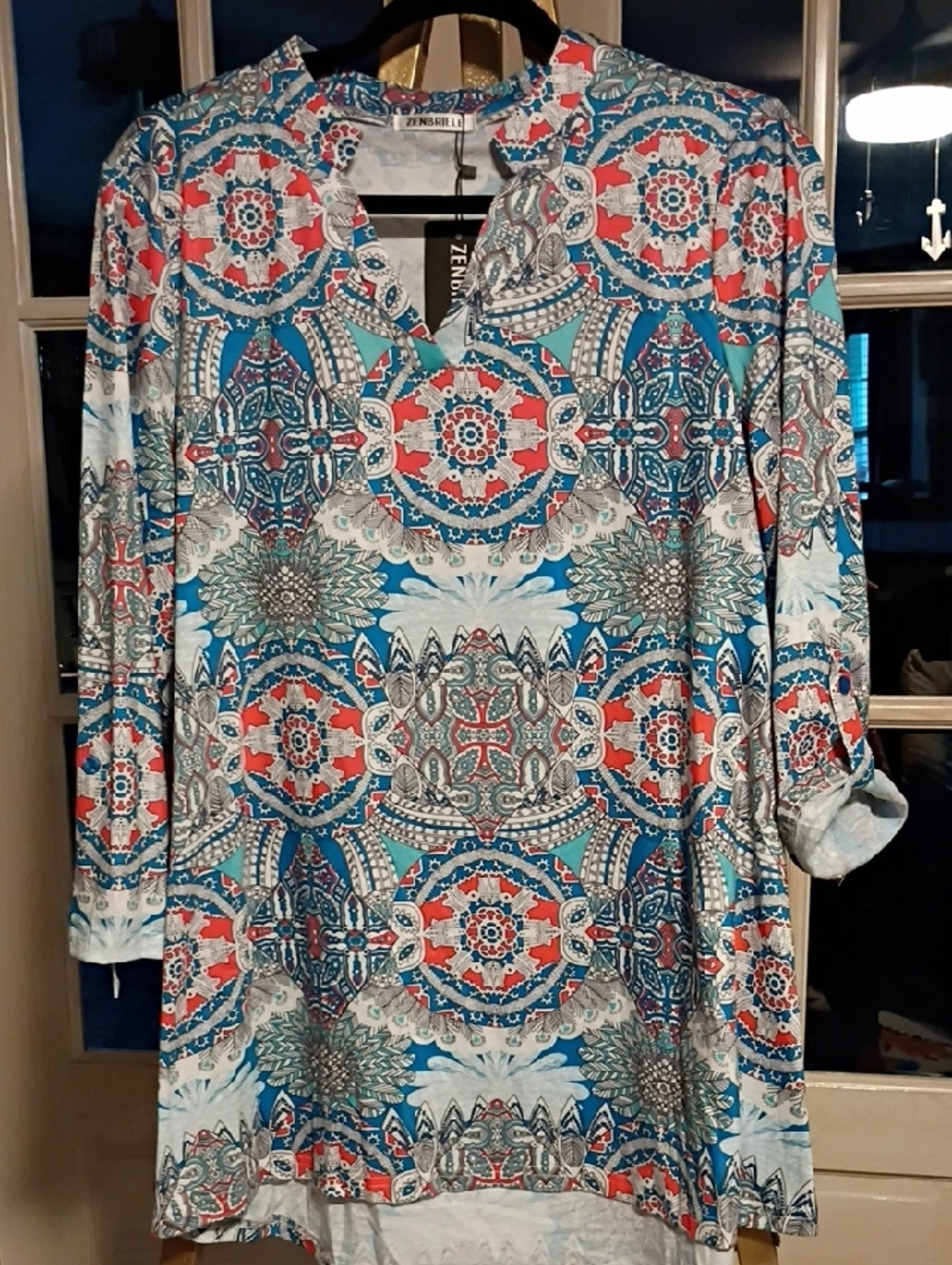 Blue & Coral Medallion Print Tunic Top